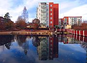 Kankurinpuisto district (built in the early 2000s) in Hyvinkää; Kankurinlampi pond is in the foreground., Hyvinkää.