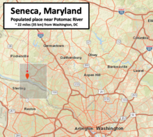Highway map near Washington, DC, showing Seneca northwest of DC near Potomac River