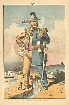 A 19th-century political cartoon done in color depicting a colossal man straddling the Rio Grande river with one half labeled "MEXICO" and the other half labeled "UNITED STATES". The man's outfit is bisected down the middle; his "United States" half wears a a gold-buttoned blue-cloth military uniform resembling American military officers of the time period. His "Mexico" half wears a wide-brimmed hat and a tan (possibly leather?) jacket and pants with tassels. In one hand he carries papers labeled "RR BONDS" (possibly "railroad bonds") and "MINING SHARES". Tucked under his military belt is a paper labeled "CAPTAIN GENERAL PAY". In his other free hand he holds a smoking cigar. He wears a saber on his belt. A string ties him to a ship on the Mexico half of the image in a waterway labeled "NICARAGUA SHIP CANAL". Behind him is a train crossing a bridge over a river labeled "RIO GRANDE". Further behind the figure are buildings with smokestacks labeled "MINAS PRISTOS MINING CO." The image is signed "KENDRICK". It is captioned "THE AMERICAN COLOSSUS