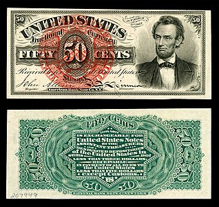 Fourth issue of the fifty-cent fractional currency depicting Abraham Lincoln, by the United States Department of the Treasury