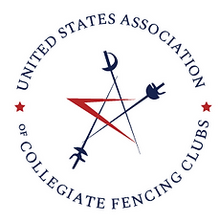 The organization name United States Association of Collegiate Fencing Clubs forms a circle around a star design. The star is made with the shapes of each of the three fencing weapons