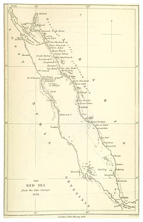 1838 map of the Red Sea region; the Howeitat are marked with a red arrow in the north section, to the east of the Gulf of Aqaba.