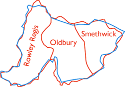 Map of the County Borough of Warley. The boundary of Warley is shown in blue and of the constituent boroughs in red.