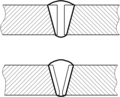 Стыковое сварное соединение. Сверху - без раздела кромок, снизу - с симметричной V-образной разделкой кромок под сварку.