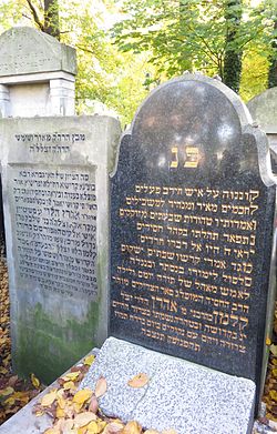 המצבה על קברו של הרב קלונימוס קלמן אפשטיין, בעל ה"מאור ושמש". משמאל, מצבת בנו רבי אהרן. 2016