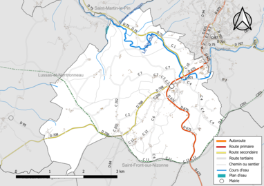 Carte en couleur présentant le réseau hydrographique de la commune