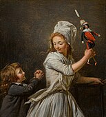 A young boy pleading with his older sister for the return of his Polichinelle puppet, by Henri-Pierre Danloux (between 1770 and 1800)