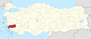 Aydın highlighted in red on a beige political map of Turkeym
