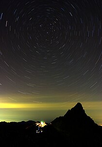 北天の日周運動と槍ヶ岳、大喰岳の山頂より 原作：名古屋太郎