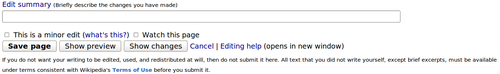 A four-line window. The top line says "Edit summary (Briefly describe the changes you have made)". The second line is a blank input area. The third is one checkbox for "This is a minor edit" and another for "Watch this page". The last line contains buttons "Save page", "Show preview", "Save Changes", and a non-button "Cancel".