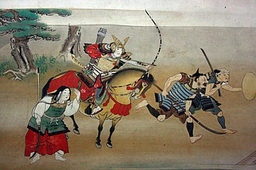 16th century illustration samurai raiding the house of Minamoto no Yoshitsune