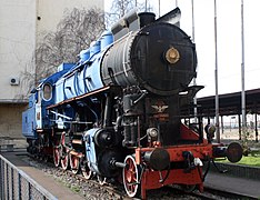 A JŽ class 11 in that was used for Tito's Blue Train, on display in front of the former Belgrade central station.