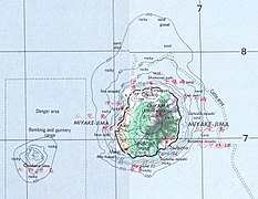 Map of Miyake-jima, with Ōnoharajima west south-west of it