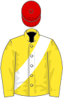 Yellow, white sash, red cap