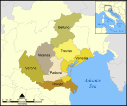 Regionen Veneto består av sju provinser: Belluno, Padova, Rovigo, Treviso, Venedig, Verona och Vicenza.