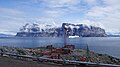 Windsock and vista from the helipad towards Salliaruseq Island across Sarqarput Strait