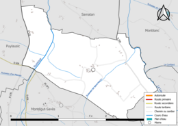 Carte en couleur présentant le réseau hydrographique de la commune