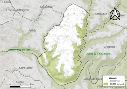 Carte de la ZNIEFF de type 2 sur la commune.