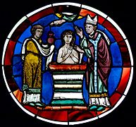 Scene of baptism. Stained glass from the Sainte-Chapelle of Paris, last quarter of the 12th century.