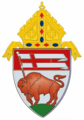 The arms of the Diocese of Buffalo: The arms feature an American bison, colloquially called a buffalo, carrying a banner of the Cross of St. George (analogous to the heraldic Lamb of God), referencing the name of city in which the see is based, Buffalo, New York.