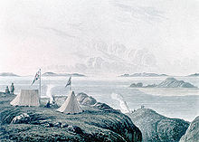 Drawing of tents and campfires, alongside a raised British flag, on a cliff overlooking the Arctic coastline.