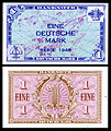 Image 20 Deutsche Mark Banknote: Allied-occupied Germany (image courtesy of the National Numismatic Collection, National Museum of American History) A one Deutsche Mark banknote issued by Allied-occupied Germany and circulated by the United States Army Command in 1948. This was the first of three issues of West German currency introduced that year. The Mark remained the official currency of West Germany until German reunification in 1990, then the official currency of Germany until the adoption of the euro in 2002.