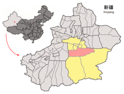 Yuli County (red) within Bayingolin Prefecture (yellow) and Xinjiang