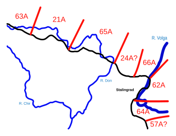 Operation Uranus Deception: The German intelligence view on 18 November 1942, showing six to eight Soviet armies (red) near Stalingrad. A = Army