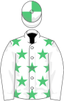 White, emerald green stars, white sleeves, quartered cap