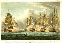 Aquatinte montrant la disposition des navires lors de la mort du commandant du Bellorophon.