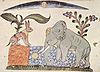 Rabbit fools Elephant by showing the reflection of the moon. Illustration (from 1354) of the Panchatantra