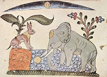 Hare fools Elephant by showing the moon's reflection. Arabic, 1354