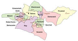 Location of Tehran County in Tehran province (top, yellow)