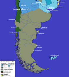 Frontière sud de la Vice-royauté du Pérou en 1684 avec l'Araucanie mapuche et la Capitainerie du Chili, sur le versant occidental des Andes, et les territoires patagónico-pampéens tehuelches, du côté oriental, y compris les Établissements coloniaux de la Patagonie atlantiques fondés ultérieurement au XVIIIe siècle.