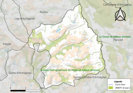 Carte des ZNIEFF de type 2 sur la commune.