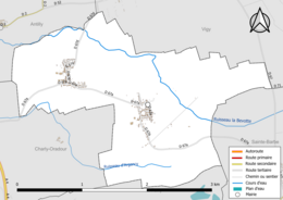 Carte en couleur présentant le réseau hydrographique de la commune