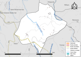 Carte en couleur présentant le réseau hydrographique de la commune