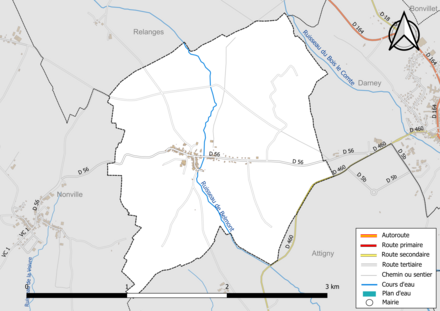 Carte en couleur présentant le réseau hydrographique de la commune