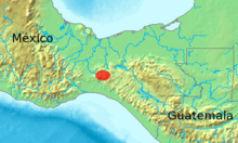 Map of southern Mexico and Guatemala showing a highlighted range (in red) covering a small area in the center of the Isthmus of Tehunatepec