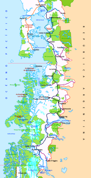 Path of the highway. The dashed lines indicate unfinished part near Hornopirén