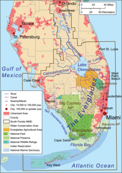 Location of Everglades in the southern third of the Florida Peninsula