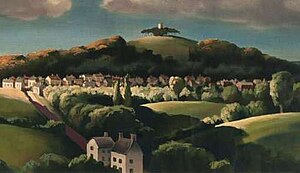 Detail of Lord Berners's 1936 painting of Faringdon Folly, used as an advertisement by Shell, 1936