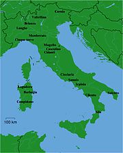Map of Italy showing the names of a dozen common places.