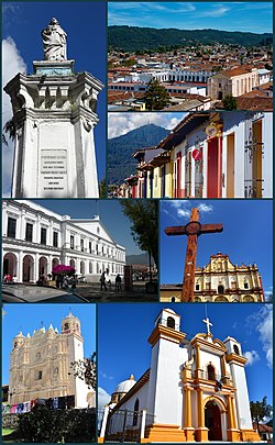 Above, from left to right: Statue of Bartolome de las Casas, Aerial view of San Cristóbal de las Casas, Historical center, City Hall of San Cristobal de las Casas, Cathedral of San Cristóbal de las Casas, Temple and former convent of Santo Domingo, Church of Our Lady of Guadalupe