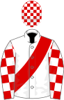 White, red sash, red and white check sleeves and cap