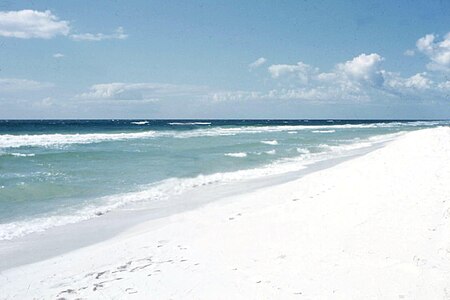 شاطئ أبيض اللون في ولاية فلوريدا الأمريكية. يعود اللون الأبيض للرمل إلى كمّيات الكوارتز والحجر الجيري الناعم والمتفتّت، والذي يعكس ويبعثر أشعة الشمس من غير حدوث امتصاص لها.