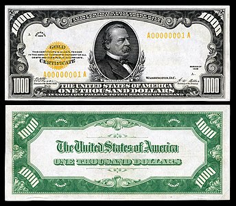 One-thousand-dollar gold certificate from the series of 1928, by the Bureau of Engraving and Printing
