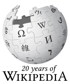 The Wikipedia globe with "20 years of Wikipedia" below