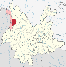 Location of Lanping County (red) and Nujiang Prefecture (pink) within Yunnan province