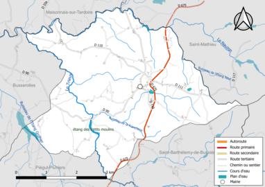 Carte en couleur présentant le réseau hydrographique de la commune